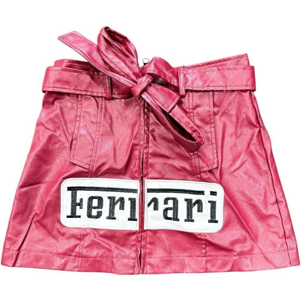 FERRARI Vintage Ferrari Maroon Red Faux Leather Mini Skirt Belted Logo Patch Y2K